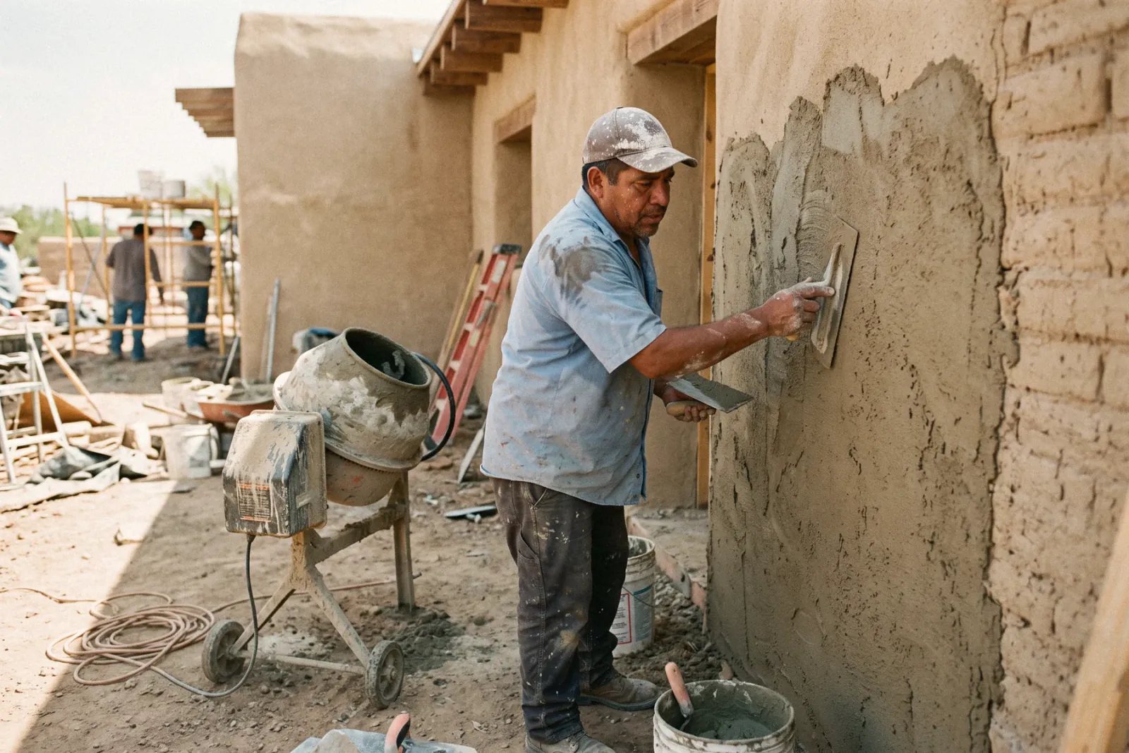 A plasterer troweling stucco onto a wall