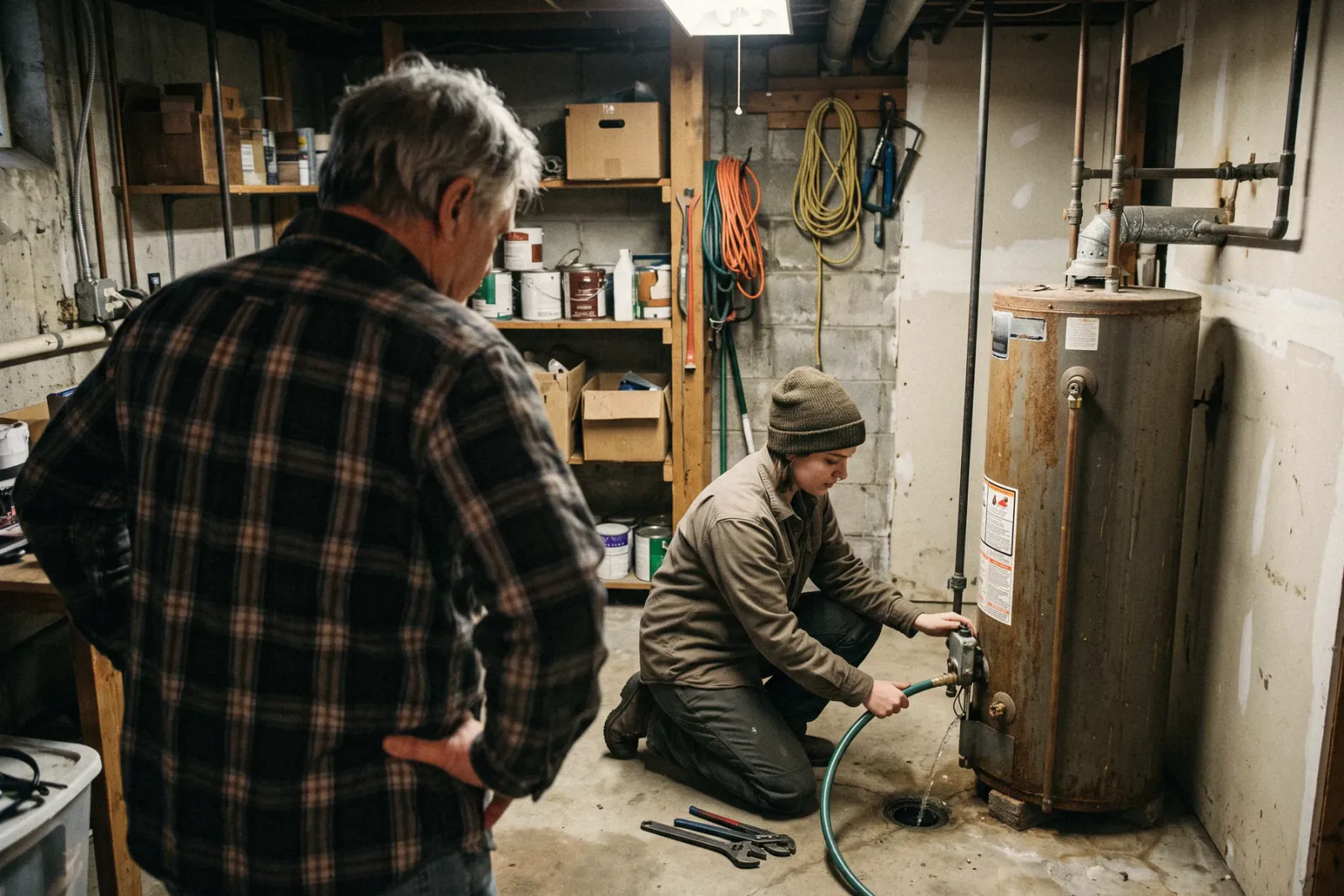 A plumber draining an old water heater as the homeowner watches