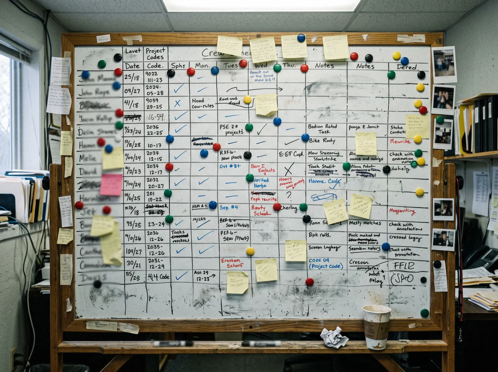 A cluttered office whiteboard used as a crew schedule, covered in sticky notes, magnets, and crossed-out marker