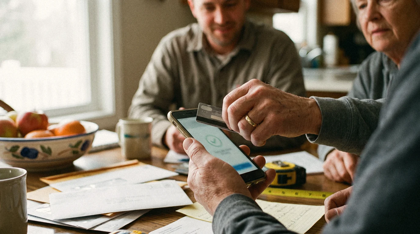 A contractor holding a phone showing a payment request, with a job folder on the table