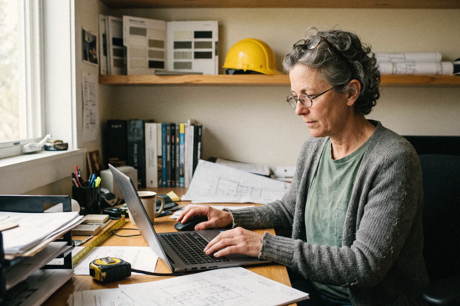 A contractor reviewing the numbers on a laptop in his office