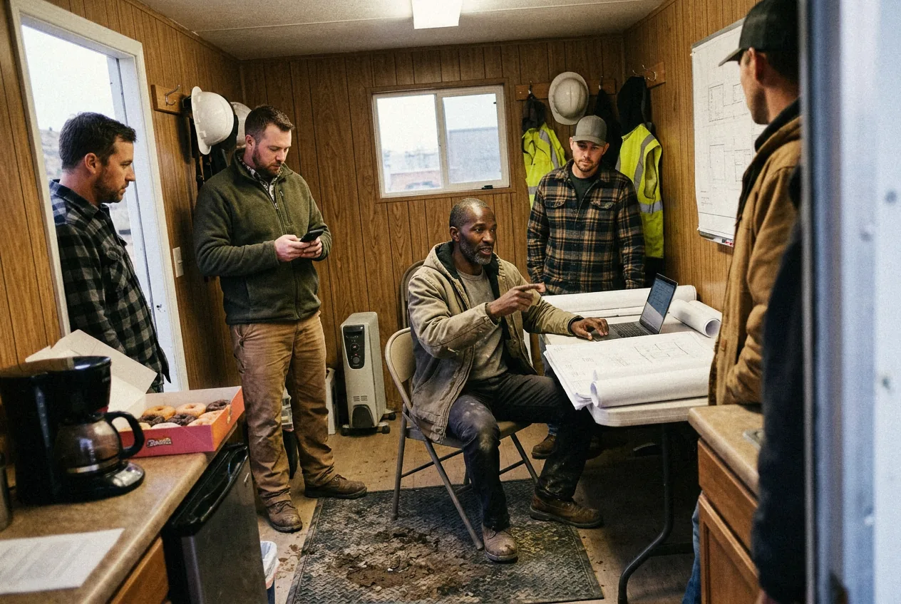 Weekly PM meeting in the site trailer