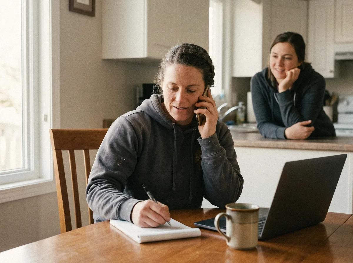 Her office is the kitchen table, for now