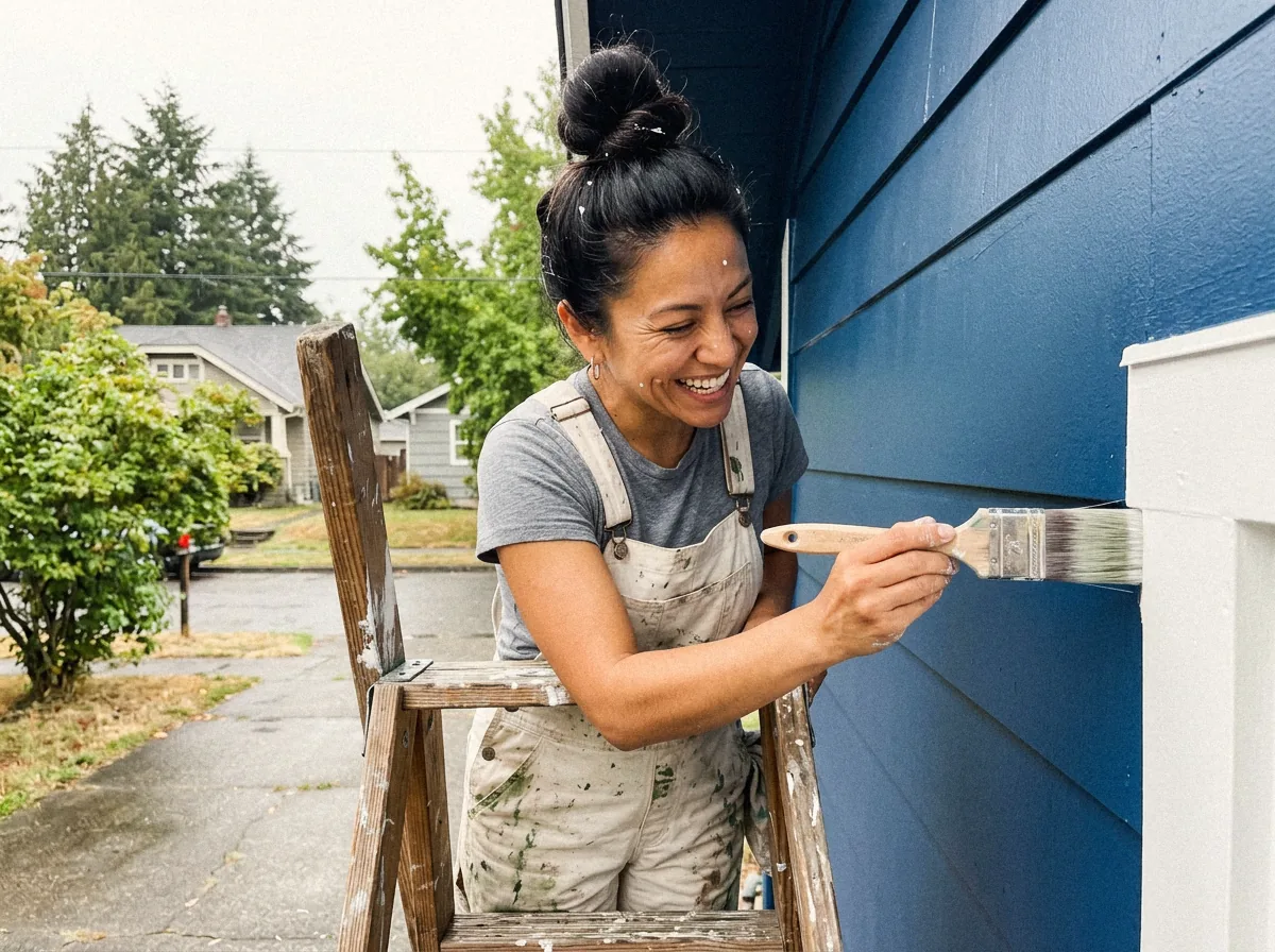 Cutting in trim on a ladder, second coat