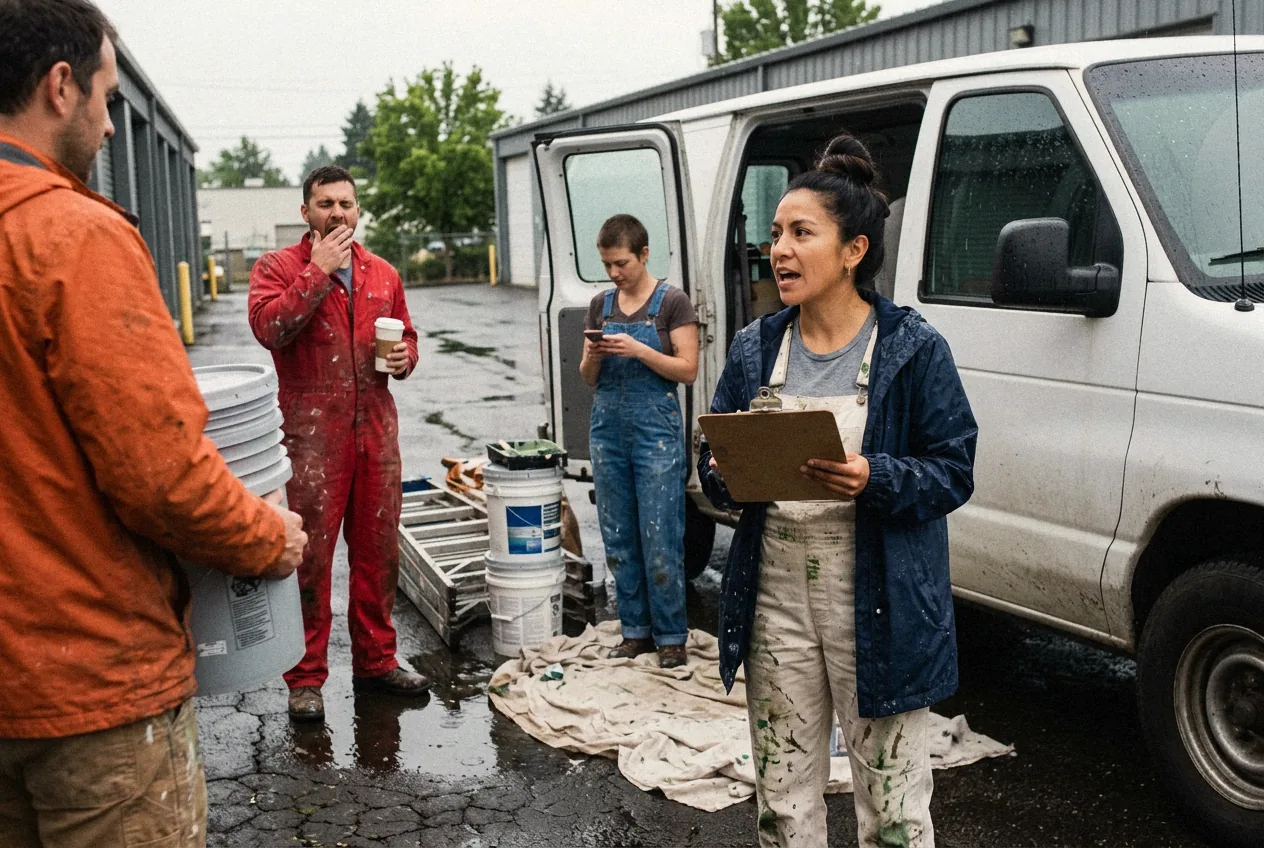 Monday morning crew meeting at the storage unit