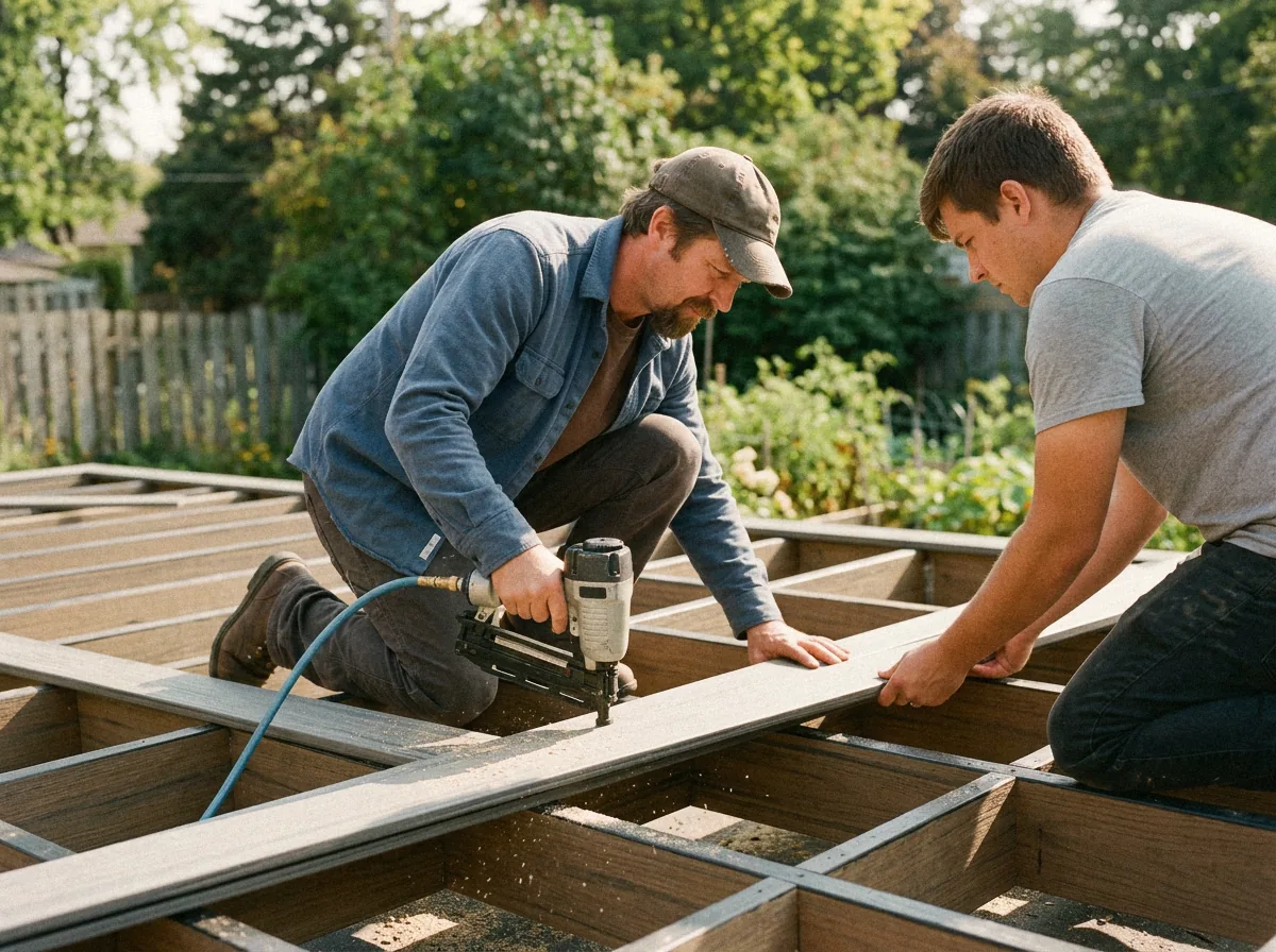 Laying deck boards with the crew