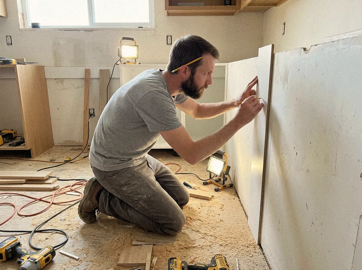 Erik scribing a filler strip on a Tuesday install