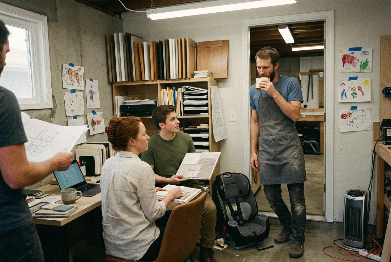 Jenna and the designer in the garage office
