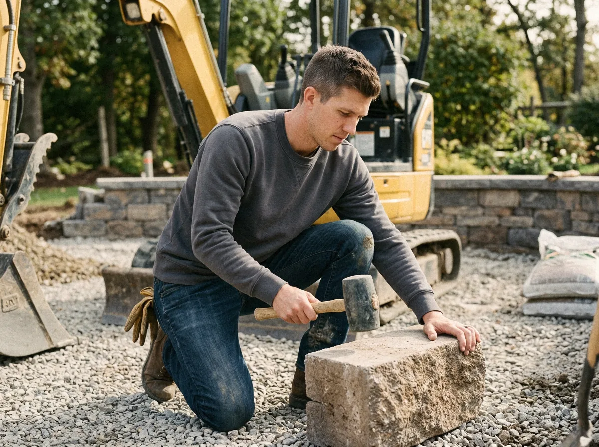 Isaiah setting a retaining wall block