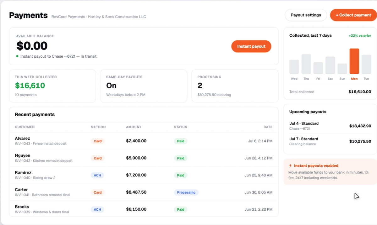 RevCore payments dashboard with available balance, recent payments, and upcoming payouts